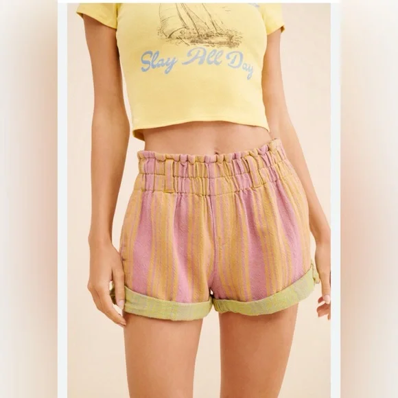 Boho Free People Solar Flare Baja Striped Shorts Large EUC Coral Tan $78 retail - Picture 3 of 4